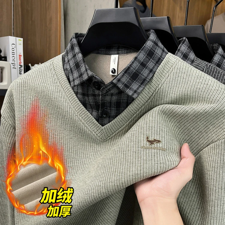 男士秋冬季雪貂假两件卫衣加绒加厚爸爸装长袖t恤保暖一体绒上衣