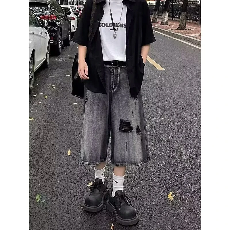 美式潮牌夏季新款阔腿牛仔短裤男个性设计感破洞补丁七分裤直筒裤