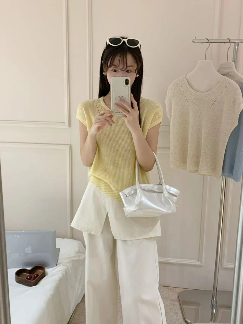 凉感针织短袖t恤女2025新款时尚显瘦小上衣夏季圆领短款气质百搭