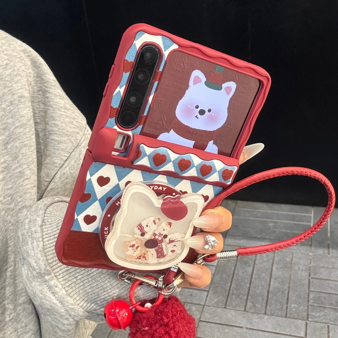 适用华为purax典藏版手机壳红色皮质pocket2菱格爱心小狗磁吸支架