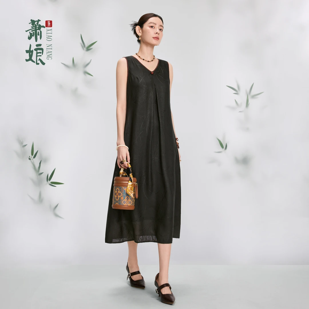 萧娘【芳草】花罗香云纱桑蚕丝新中式宽松连衣裙复古气质国风XN1919