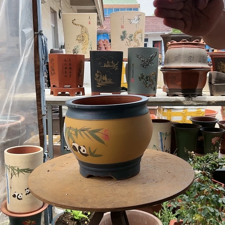 宜兴紫砂黄蓝熊猫鱼缸小