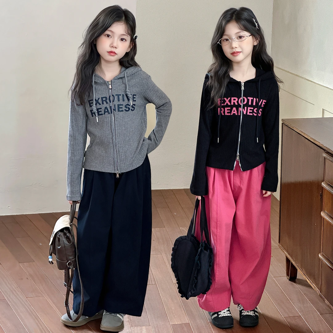 女童套装秋款2025新款洋气时髦潮酷儿童秋季小女孩连帽卫衣6-12岁