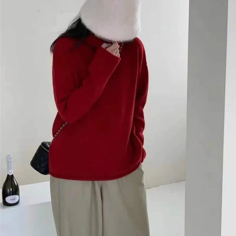 悦享女装2021秋冬新款简约百搭宽松显瘦高领卷边长袖针织毛衣