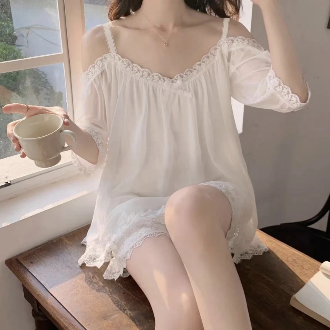 一字肩网纱睡衣套装夏季家居服薄款网红女士纯欲秋季高颜值宫廷风