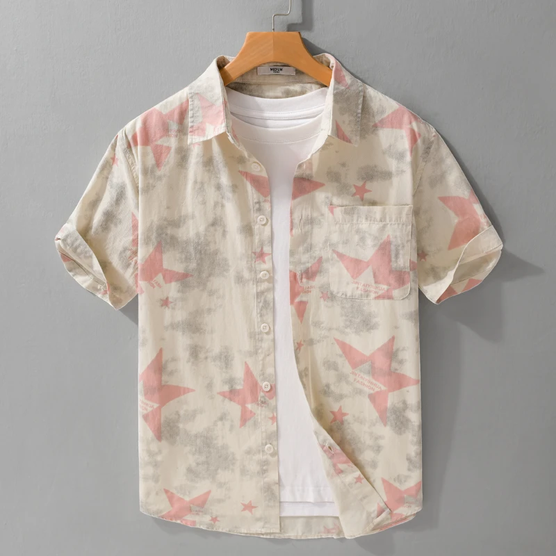 夏季日系字母渐变色印花高级感衬衣男士宽松休闲纯棉短袖衬衫男潮