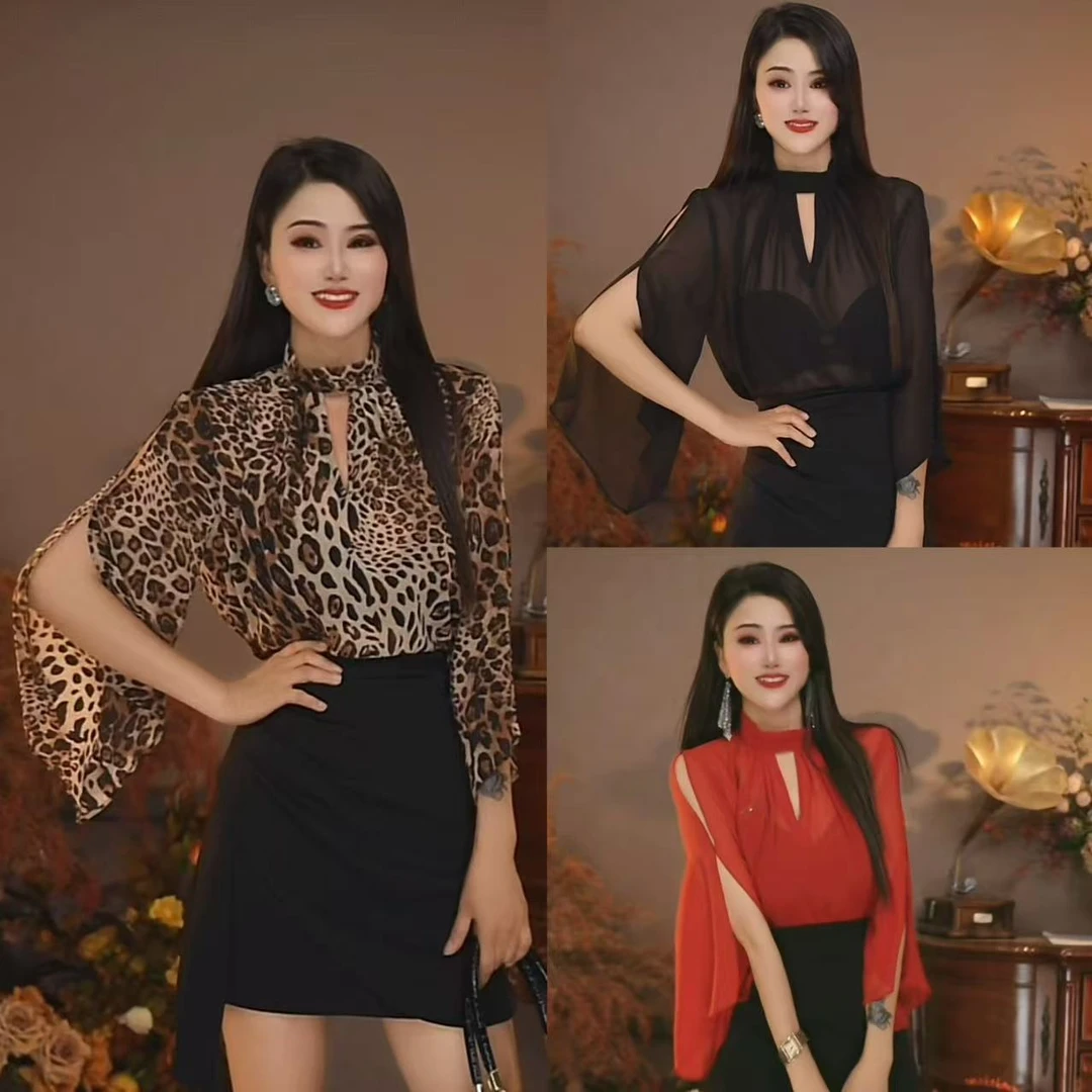 吴1330依夏季设计感修身显瘦透视七分袖衬衫女半高领雪纺打底衫