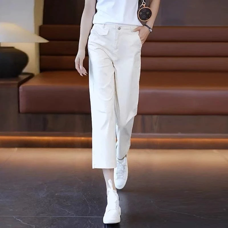 潮牌冰丝窄版阔腿裤女夏季薄款2024新款高腰直筒显瘦休闲八分裤哈