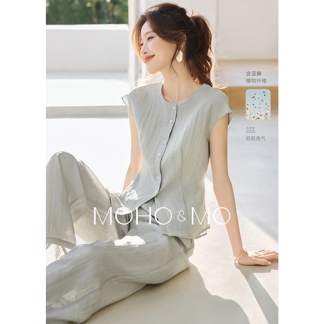 沫晗依美2025夏季新款套装女含亚麻圆领松弛感无袖上衣长裤两件套
