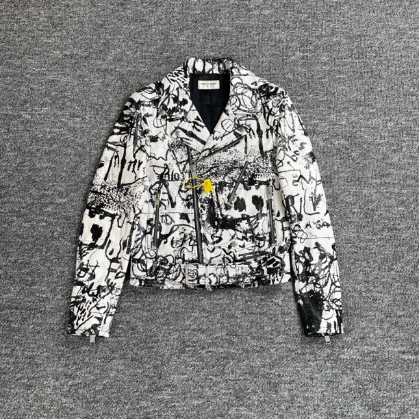 99新 YSL/圣罗兰 7126 涂鸦羊皮设计感皮质夹克外套/40码/99新