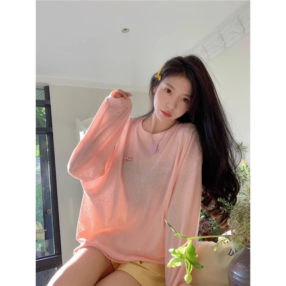 粉色长袖T恤女早秋薄款欧货大版宽松微透纯色内搭打底衫外穿上衣