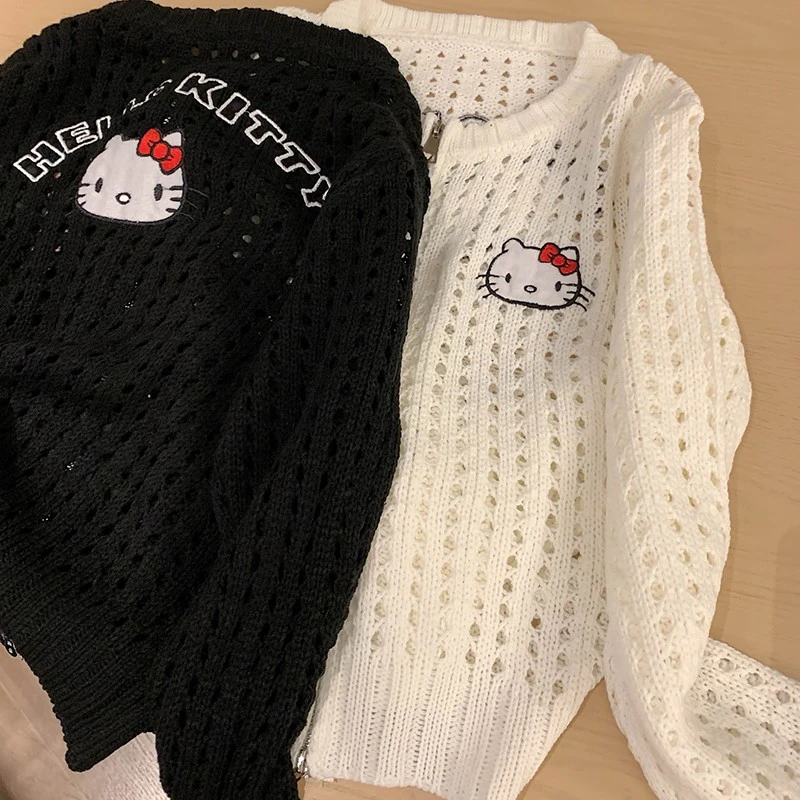 卡通减龄Kitty猫字母刺绣镂空针织开衫女早秋拉链高级感薄款外套