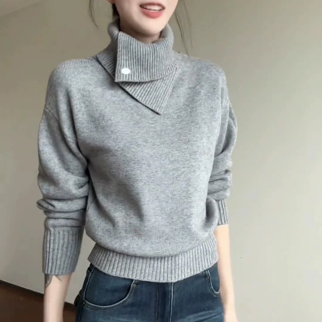 不规则翻领设计小众软糯毛衣女韩版宽松慵懒风内搭灰色针织衫秋冬