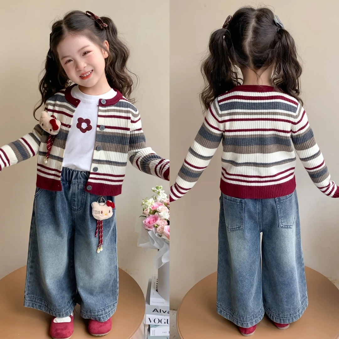 儿童秋季套装女宝2025新款女童针织开衫牛仔裤韩系条纹洋气春秋潮