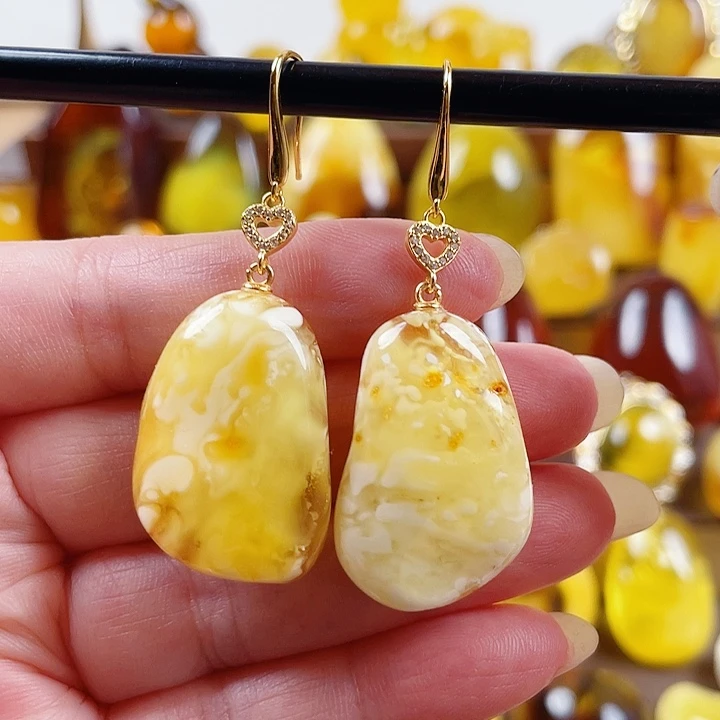 琥珀银S925镶嵌裸石耳环