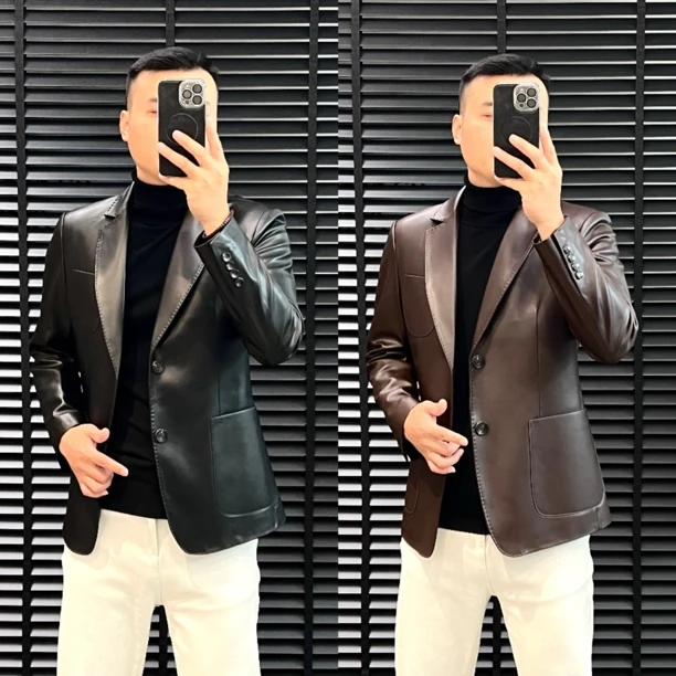 皮衣男士秋冬西装领轻奢时尚高品质秋季皮西服短款百搭