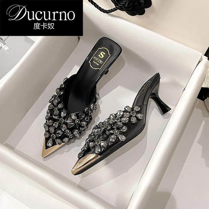 DUCURNO 细跟高跟鞋不累脚法式尖头拖鞋女2025款夏季外穿大码女鞋