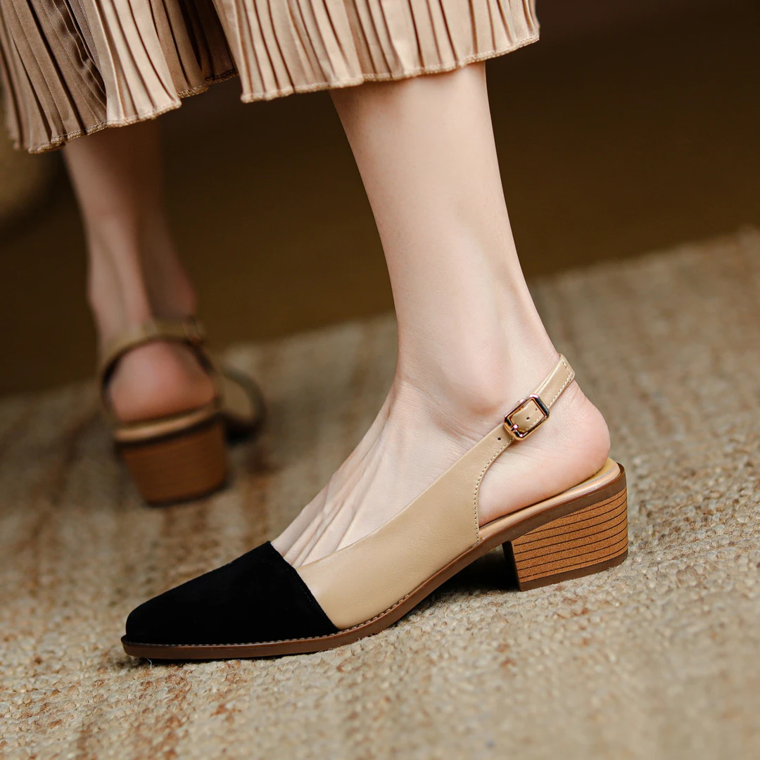 【跟高4cm】新款百搭舒适小香风真皮高跟鞋女粗跟尖头浅口柔软女鞋