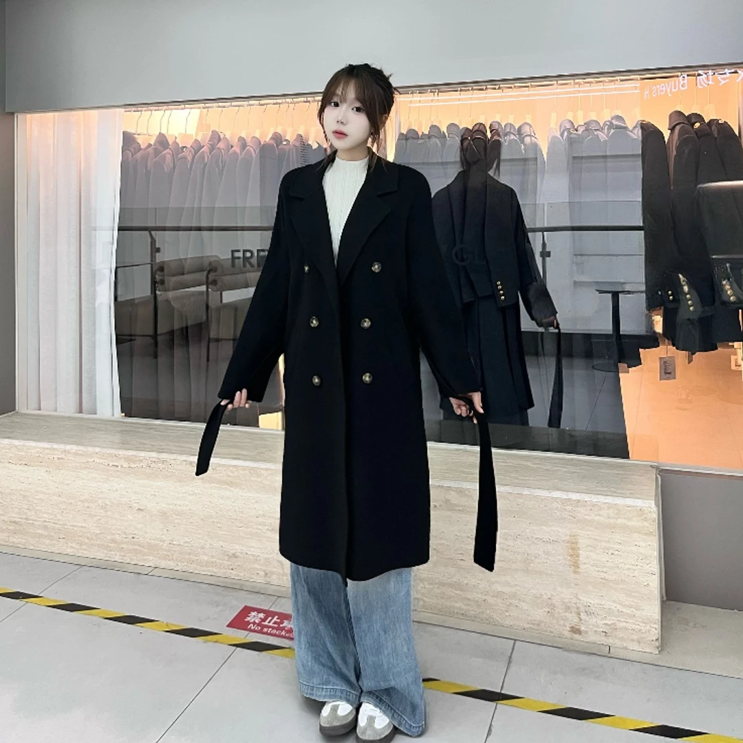 秋冬100%绵羊毛双排扣系带过膝双面大衣女2381