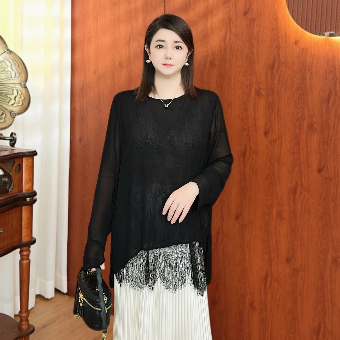 【含蓄】夏季新款简约百搭气质松弛慵懒性感显瘦拼接蕾丝上衣A45