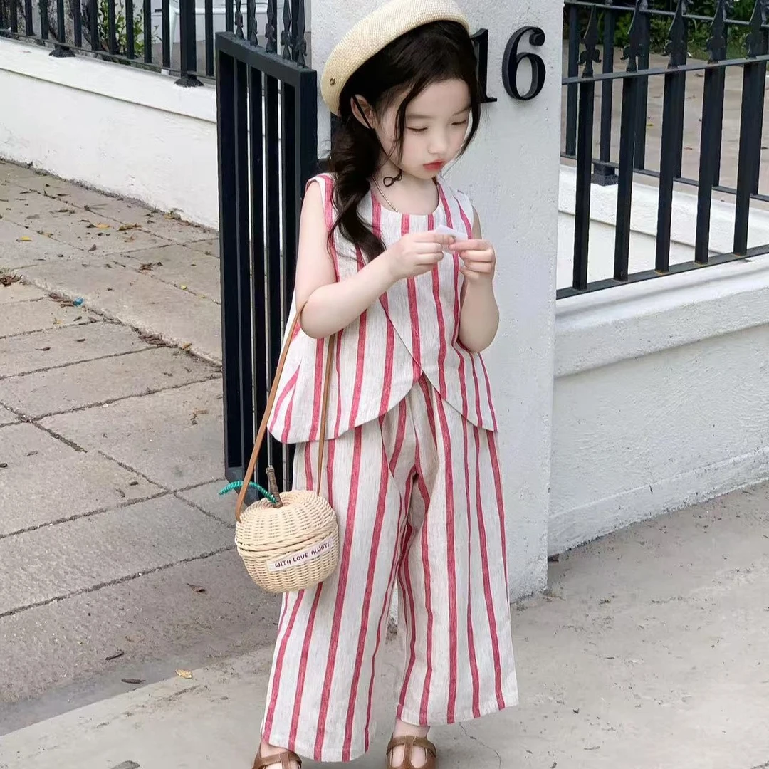 壹妈品质童装2025新款女童夏装套装洋气红色条纹背心阔腿裤两件套