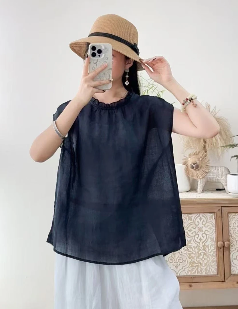 夏季文艺宽松木耳花边圆领无袖苎麻衫女休闲百搭上衣