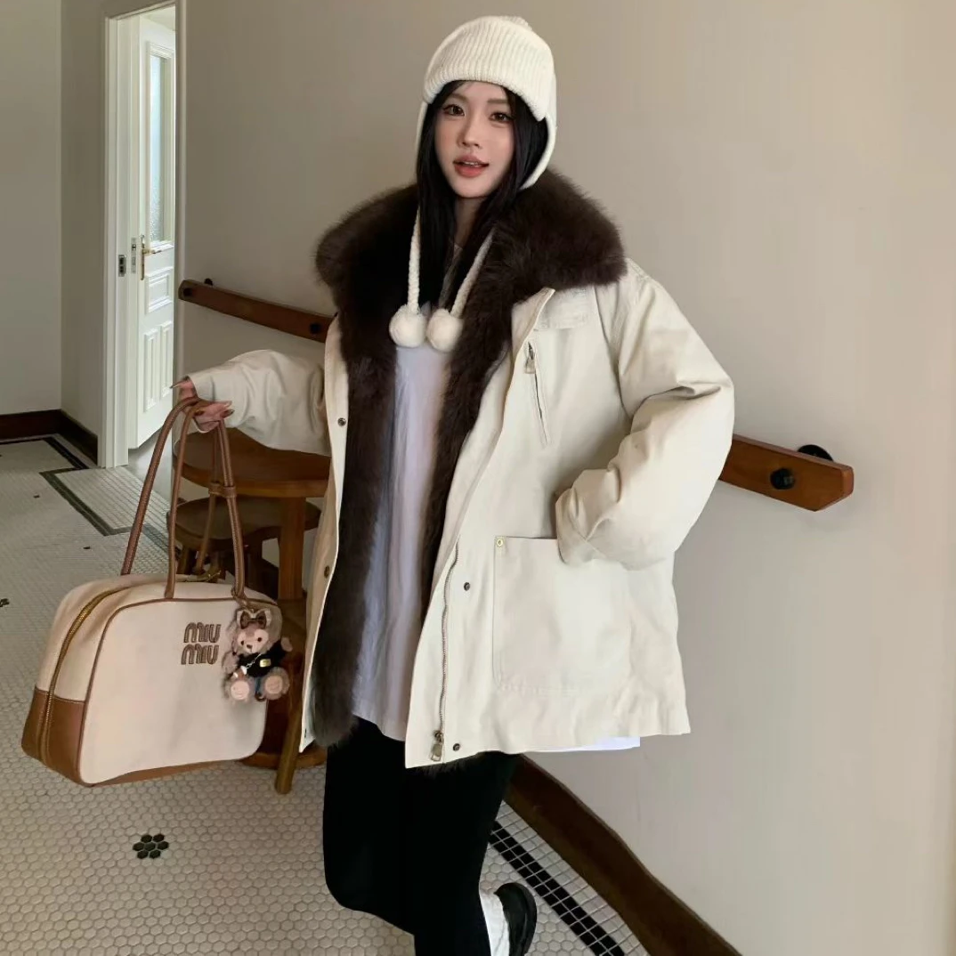 巨好看工装风大毛领毛绒拼接派克女冬季新款加厚保暖外套