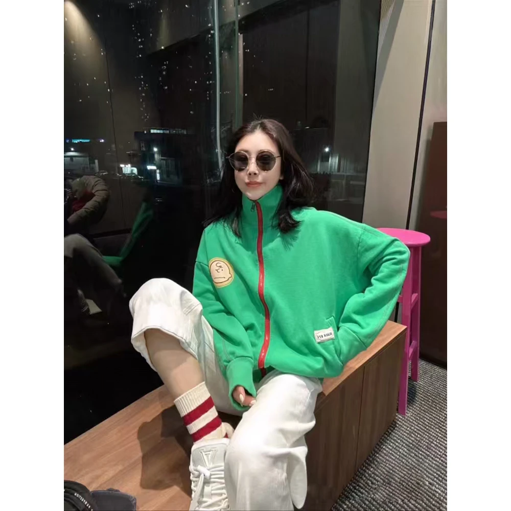 美式复古立领绿色短外套女2025秋季新款流行时尚休闲百搭开衫上衣