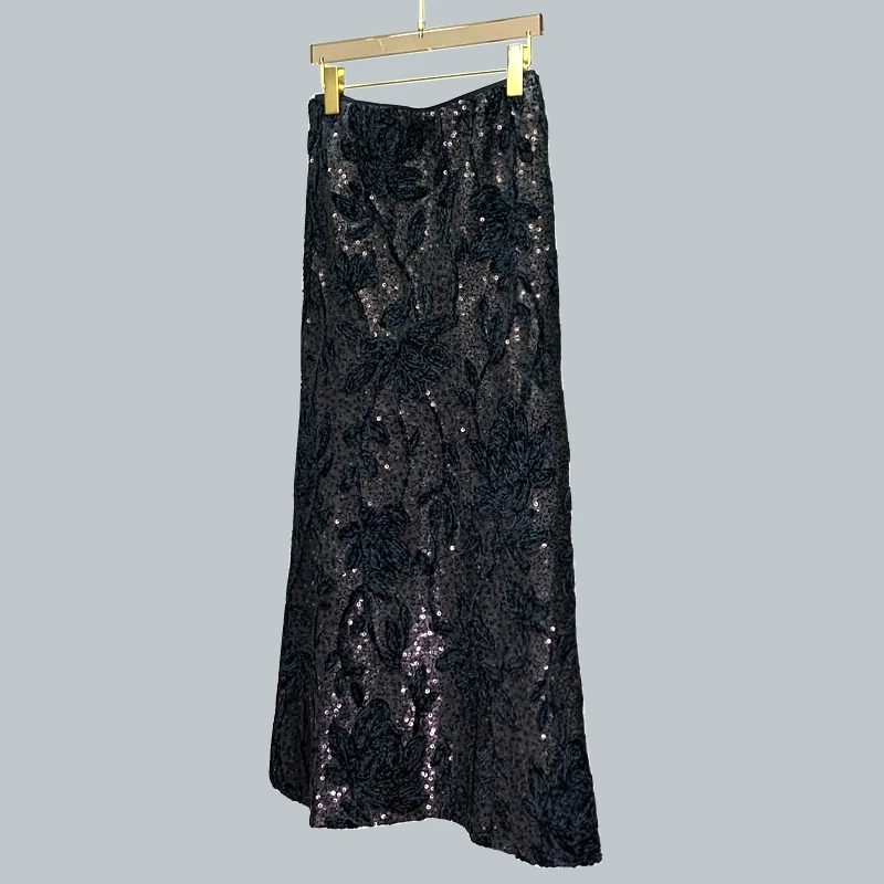 手工捻花植绒亮片半身裙包臀鱼尾裙优雅气质显瘦长裙A字版裙子