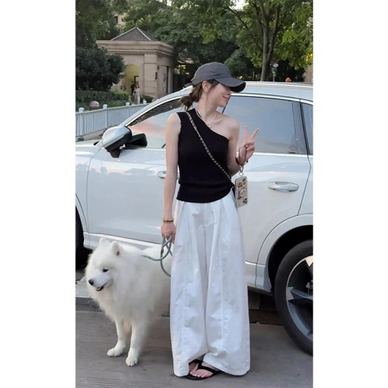 老钱风穿搭法式无袖斜肩黑色冰丝针织背心女夏外穿修身短款上衣