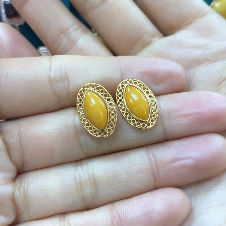 蜜蜡耳饰银S925镶嵌精***膀蜜蜡