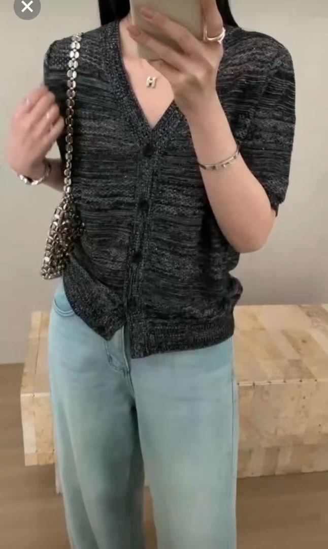 花纱短袖t恤女薄宽松显瘦短款v领针织衫正肩半袖上衣9723