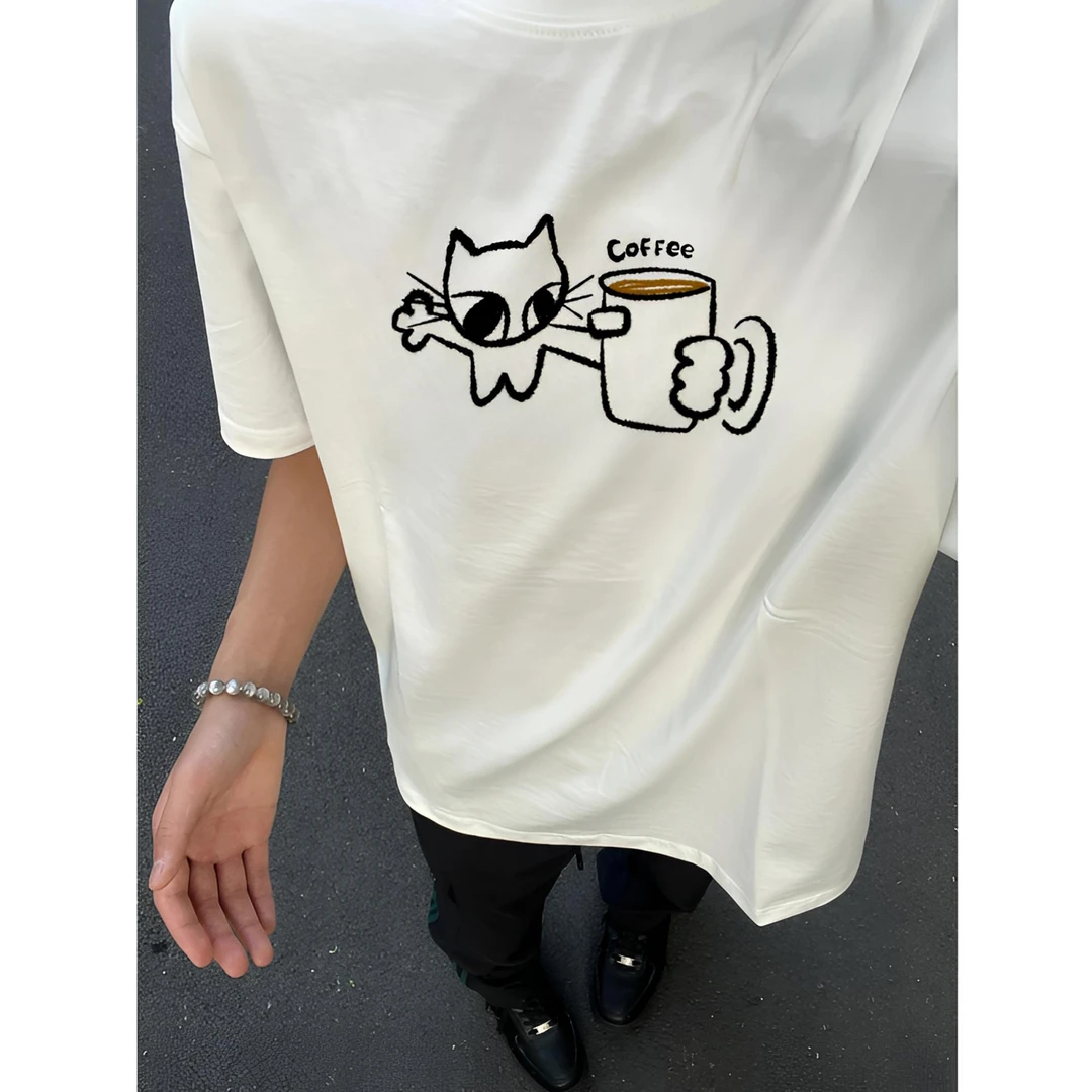 美式小众设计重磅纯棉趣味印花咖啡喵短袖T恤男夏季圆领宽松半袖