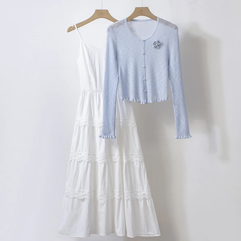 超仙仙女气质吊带裙两件套针织外套连衣裙女春夏新款时尚长裙上衣