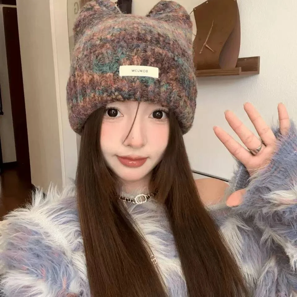可爱猫耳朵帽子女款2025新款时尚潮流针织帽保暖护耳毛线冷帽冬季