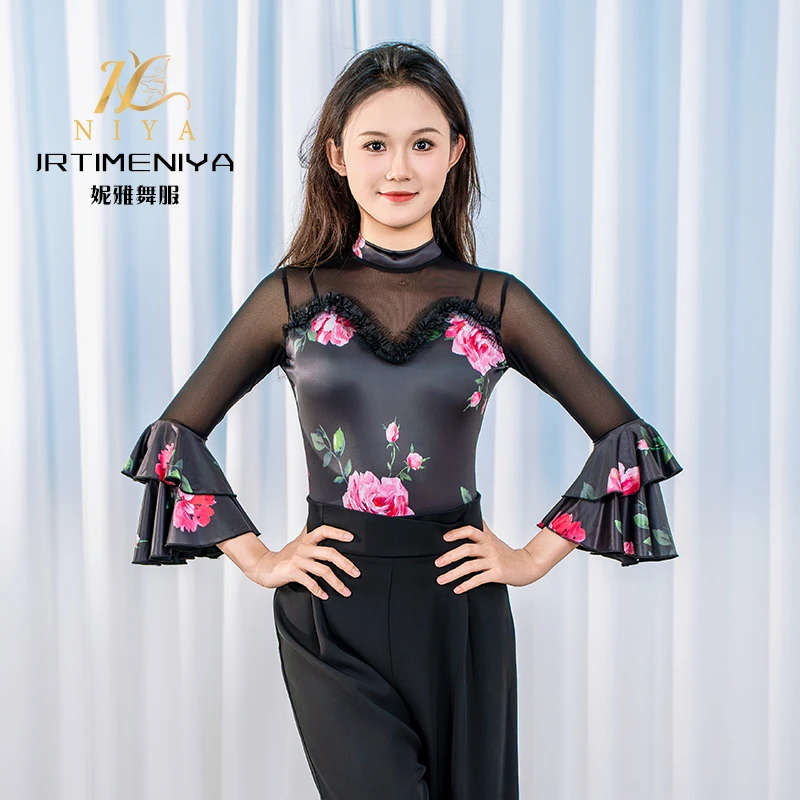 摩登舞新款印花连体衣荷叶袖练功服女士交谊舞国标舞服广场舞服