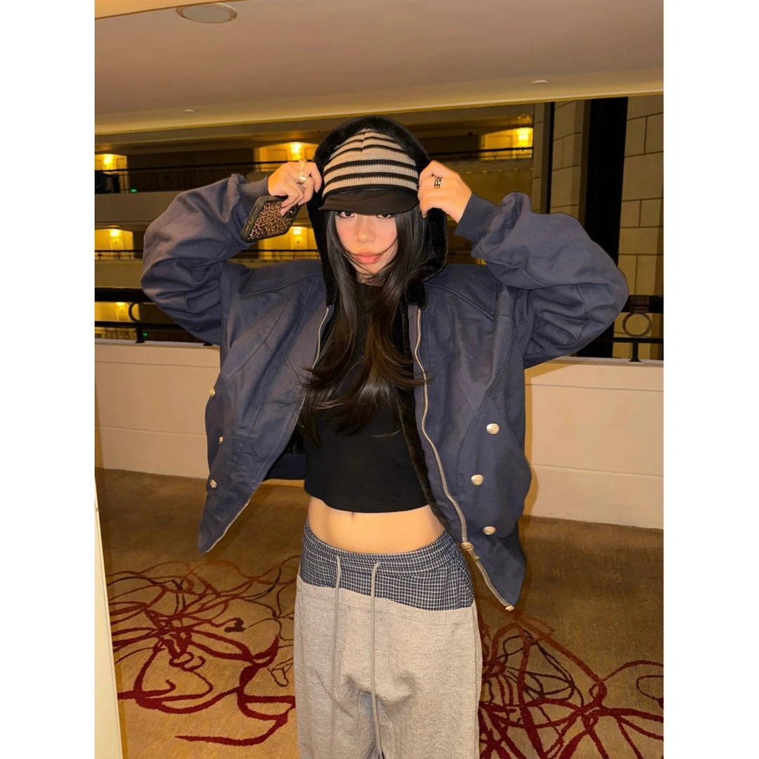 美式复古座山雕加绒夹克外套男女秋冬宽松休闲保暖连帽棉衣