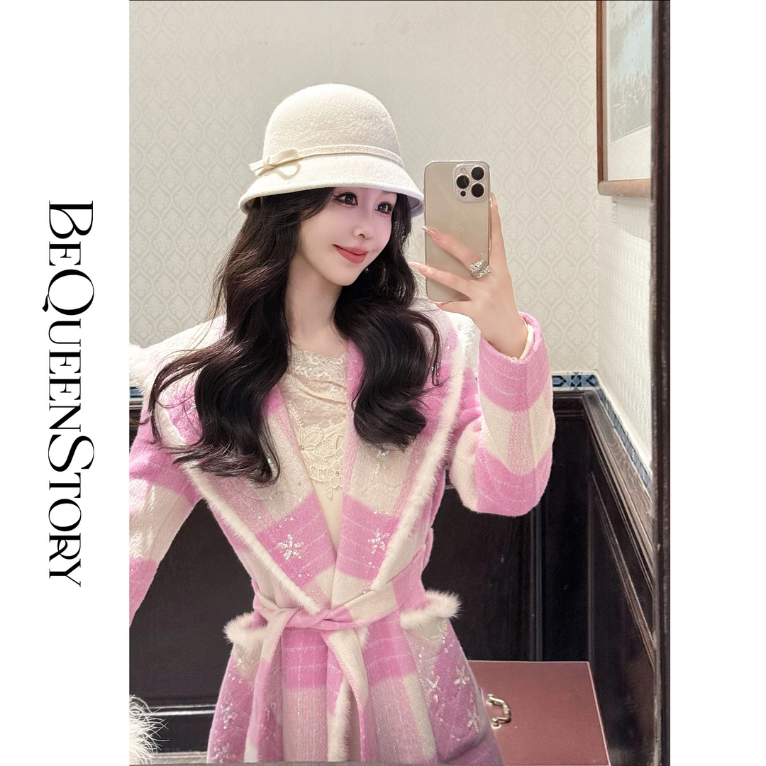 韩韩IU【千金格调】时尚绵羊毛拼水貂毛格子大衣毛呢外套秋冬款