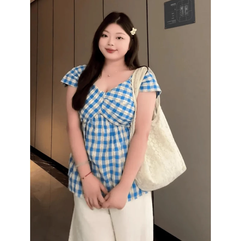 大码女装微胖MM夏季蓝色花格子衬衫高级感小众别致甜美小衫上衣潮