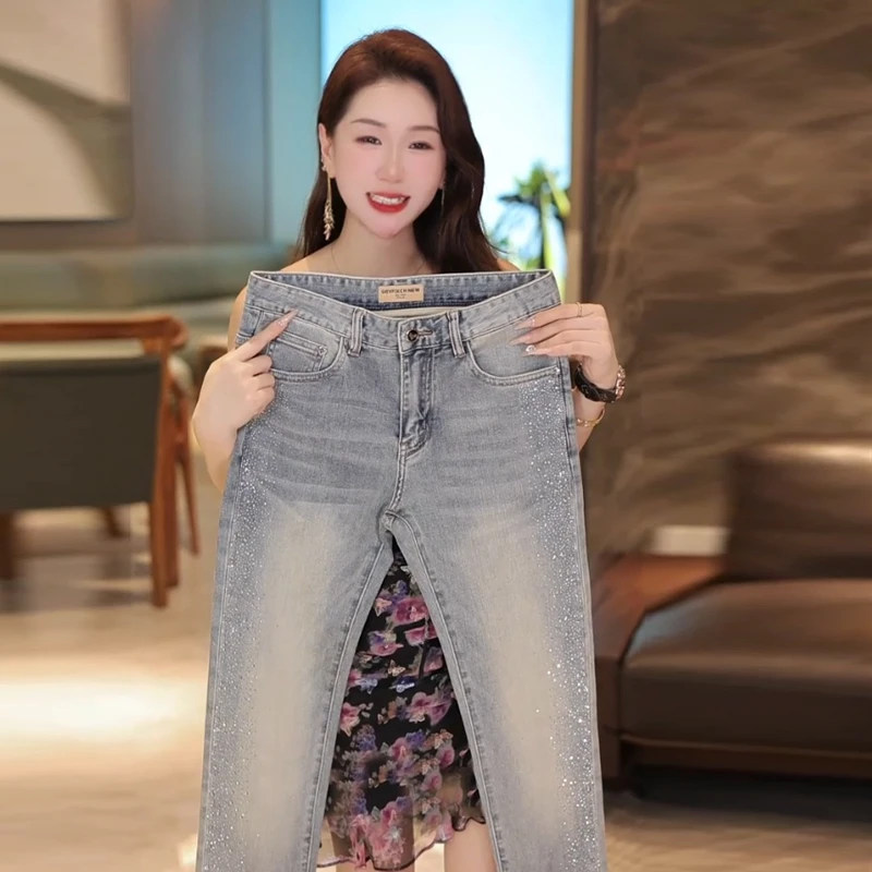 2025春夏新款男士烫钻牛仔裤淡蓝色时尚百搭显高显瘦修身弹力裤子