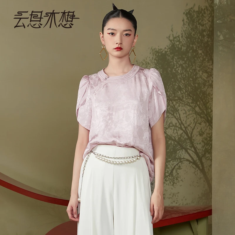 Ysimo-X云思木想新中式2024夏季新款斜襟扣式提花花苞袖衬衫11896