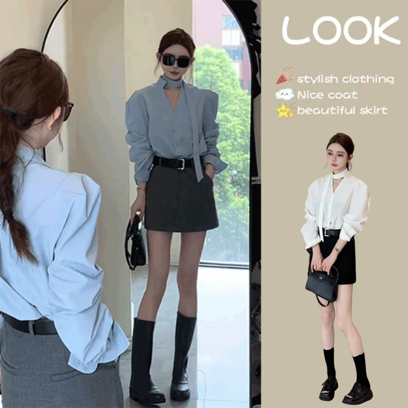 秋季套装女2025新款韩版气质时尚挂脖长袖衬衫收腰显瘦短裙两件套