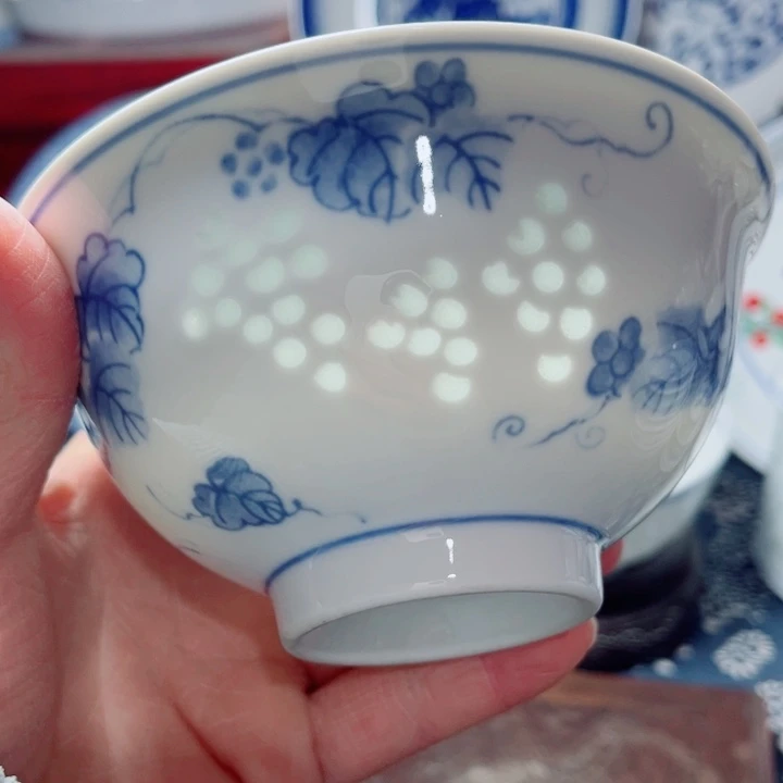 青花玲珑5寸饭碗葡萄