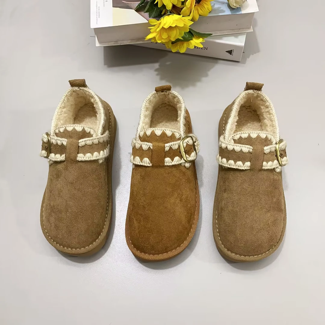 加绒勃肯鞋女秋冬新款保暖乐福鞋复古百搭一脚蹬加厚豆豆鞋棉鞋女