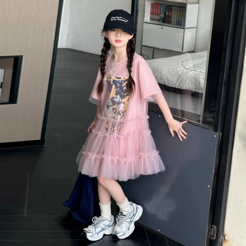 夏季短袖粉红色印花网纱T恤裙女童中大童韩版 2025新款洋气连衣裙