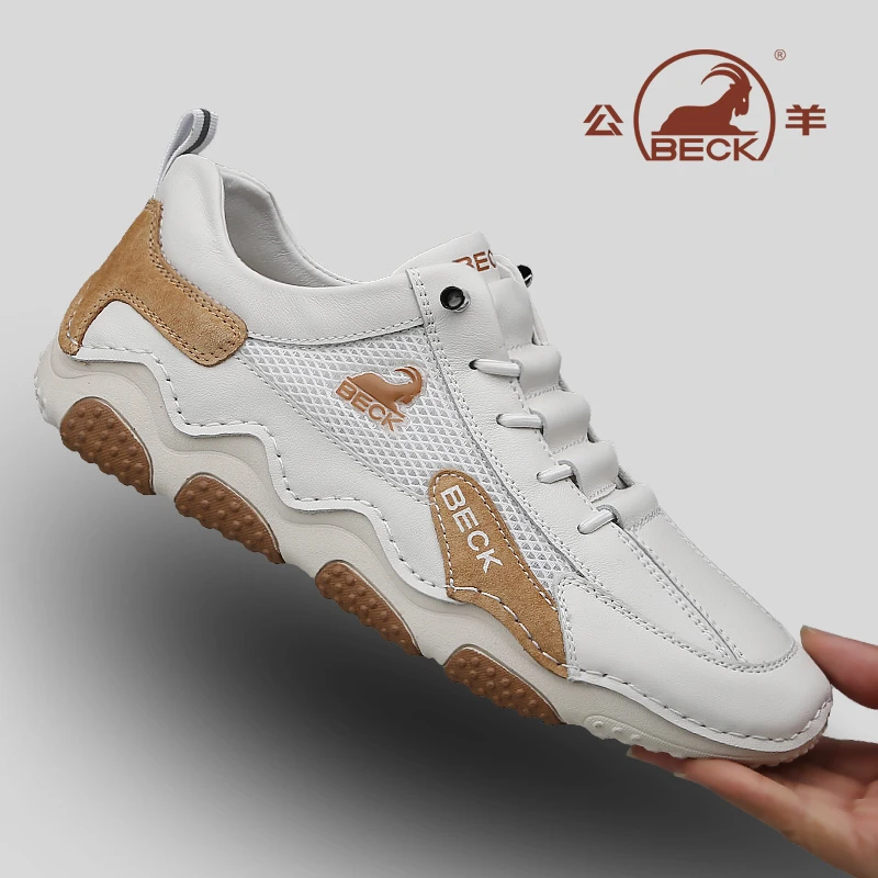 公羊男鞋2025夏季新款懒人鞋舒适耐磨运动鞋真皮免系带休闲鞋