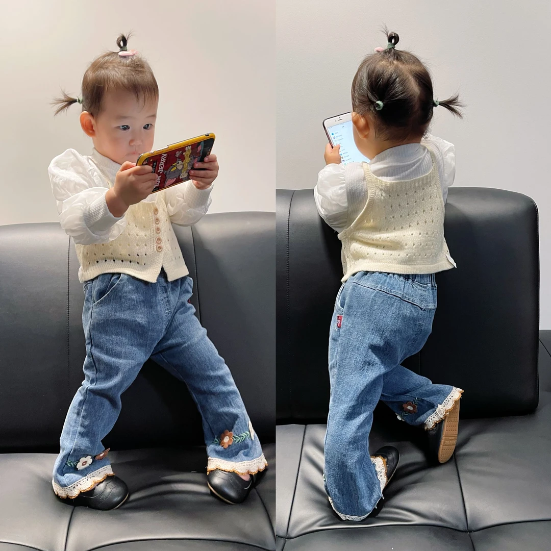 【烁烁家】2025韩版秋季女童针织网纱泡泡袖衣毛线吊带牛仔裤三件套