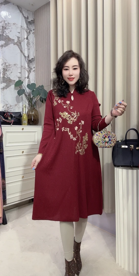 秋冬新款针织混纺亮片复古旗袍连衣裙2511