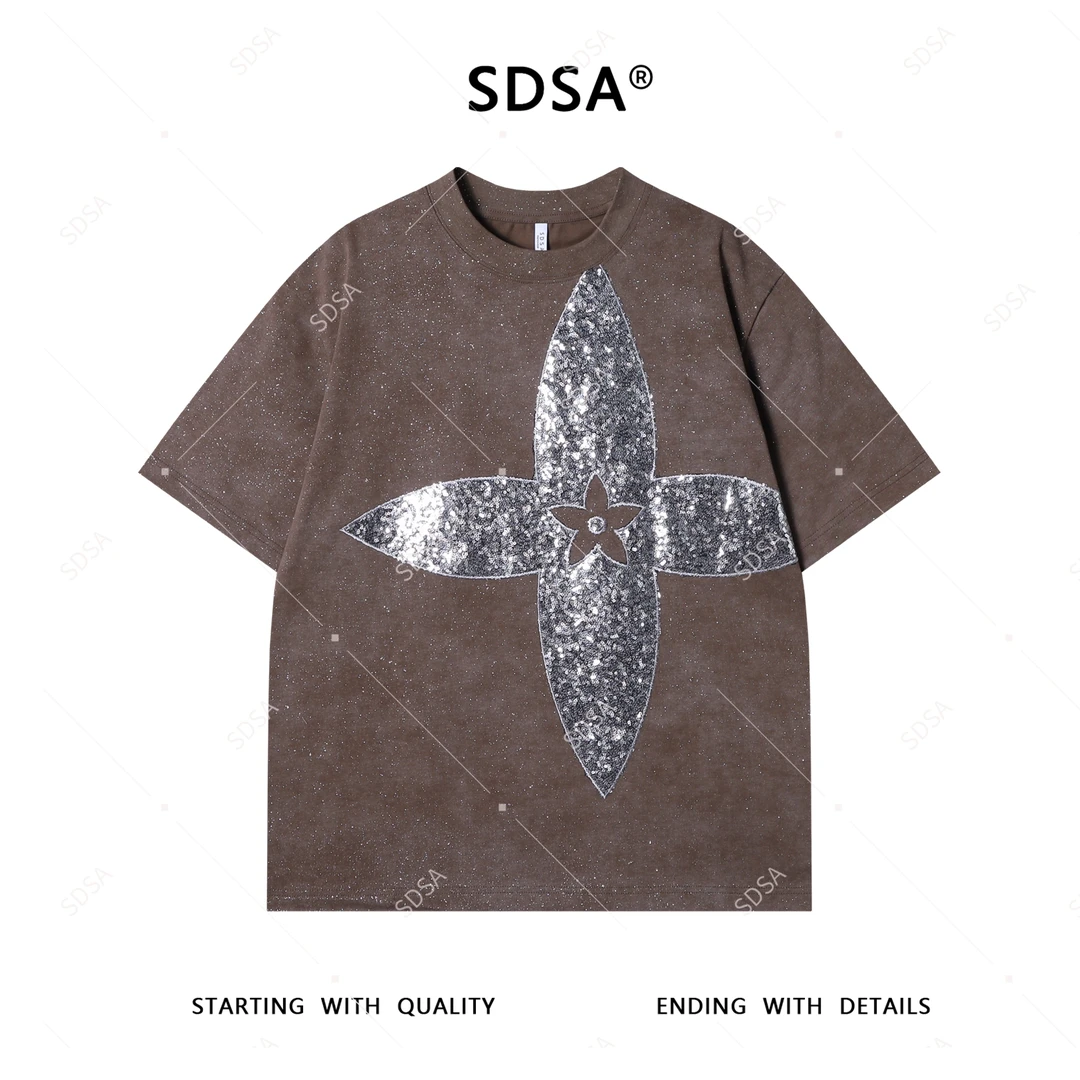SDSA夏季新款男士痞帅潮牌满天星亮片十字设计圆领短袖T恤时尚潮