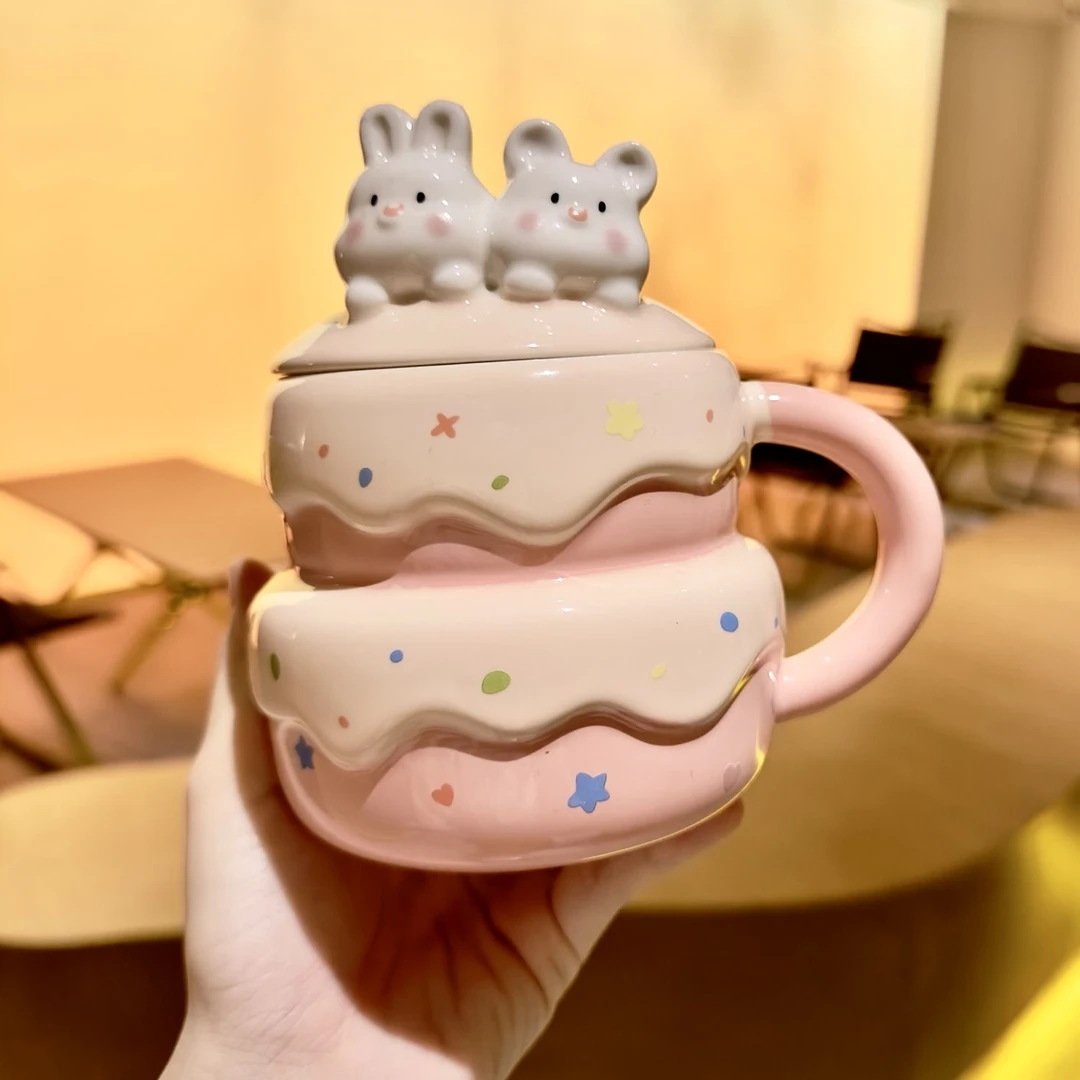 网红生日蛋糕陶瓷杯高颜值个性马克杯带盖勺女学生呆萌可爱喝水杯